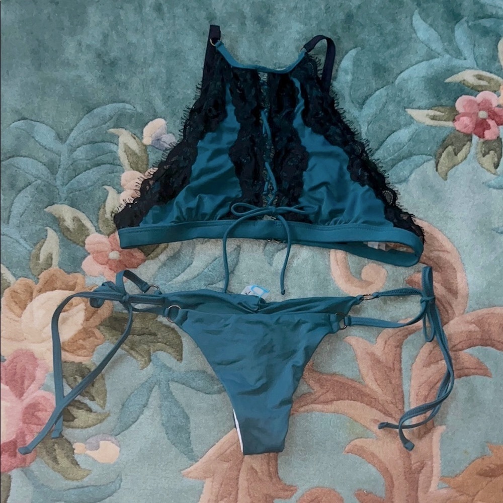 NWT Teal Lace Trim Bralette and Bikini Set